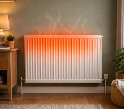 Radiator hot at the top and cold at the bottom showing uneven heat distribution in a typical English home